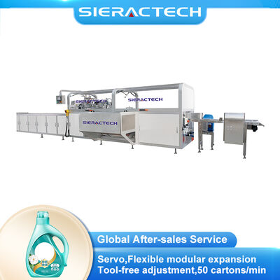 Qualidade Máquina de embalagem horizontal automática de garrafas de detergente para roupa grande com servo sincronização e sistema rotativo de abertura de embalagem fábrica